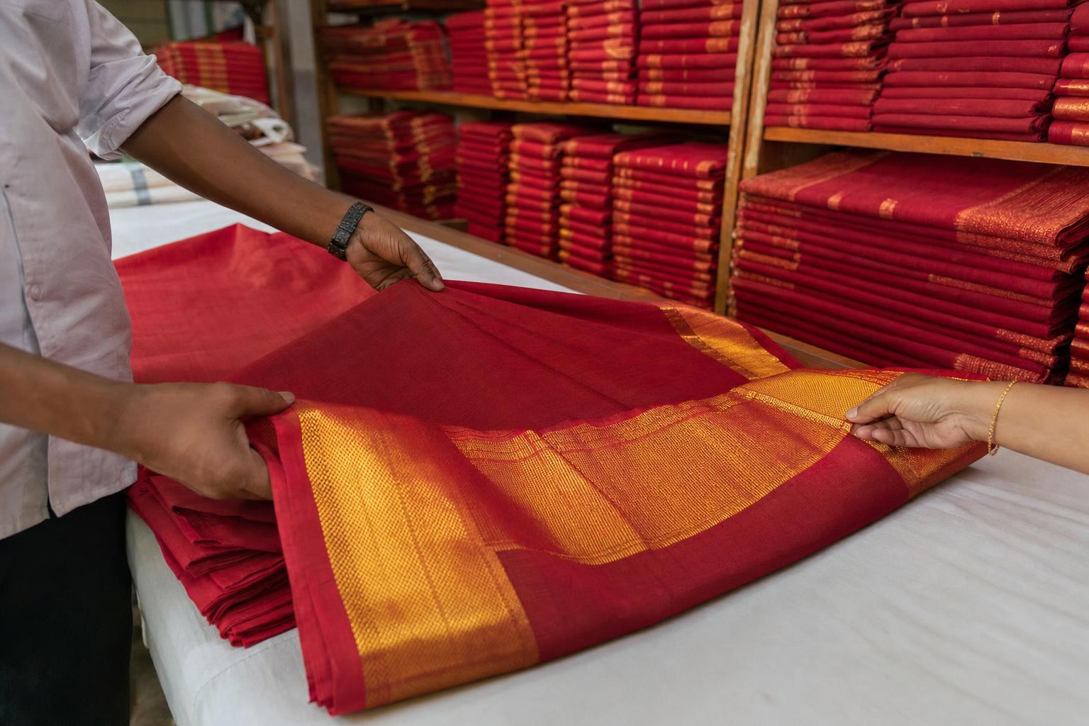 A weaver unrolls red cloth with a gold border across a counter while a customer feels the border.
