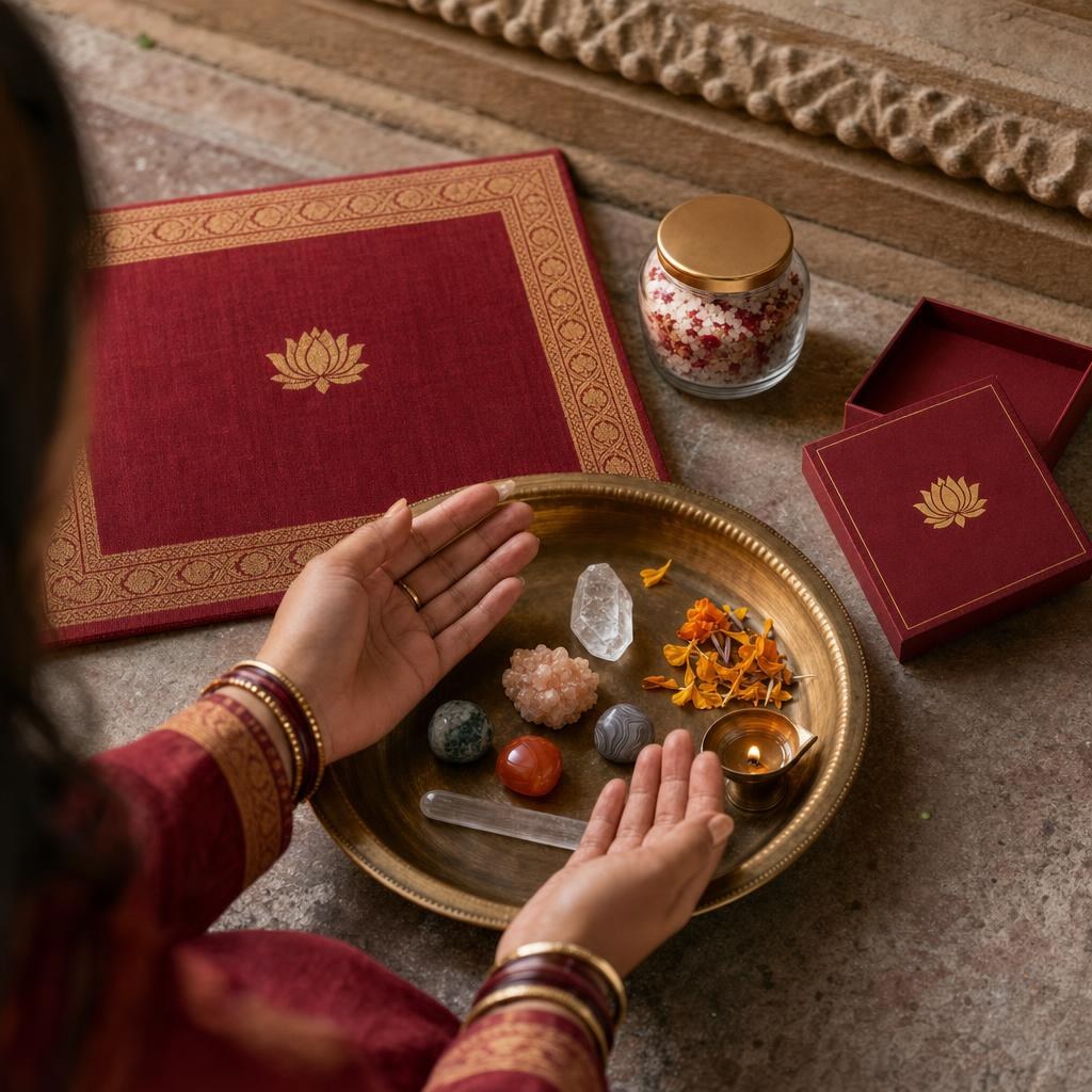 Two hands held open above a brass tray of crystals beside a lit oil lamp.