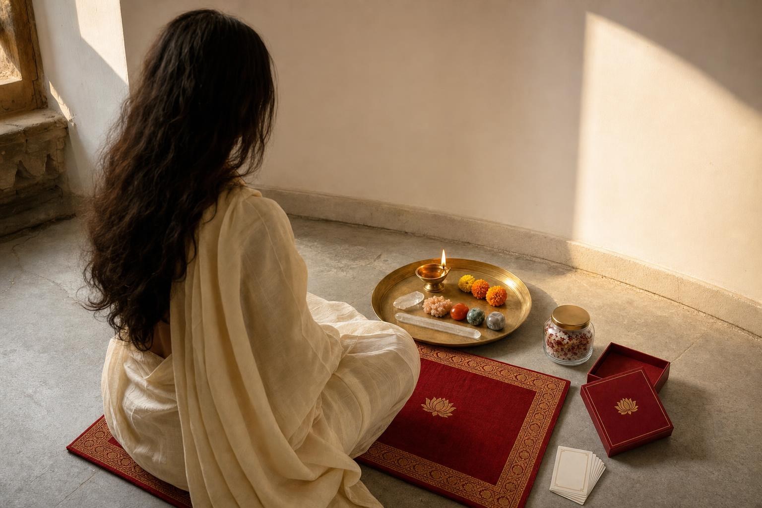A woman in a cream sari sits on the red mat before a brass tray of crystals and a lit oil lamp, seen from behind.