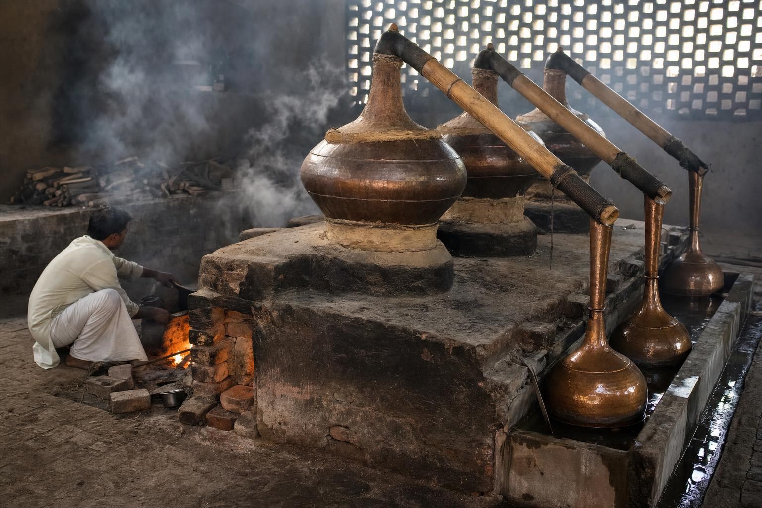 Hammered copper pots on a brick hearth, joined by bamboo pipes, with a distiller tending the fire.