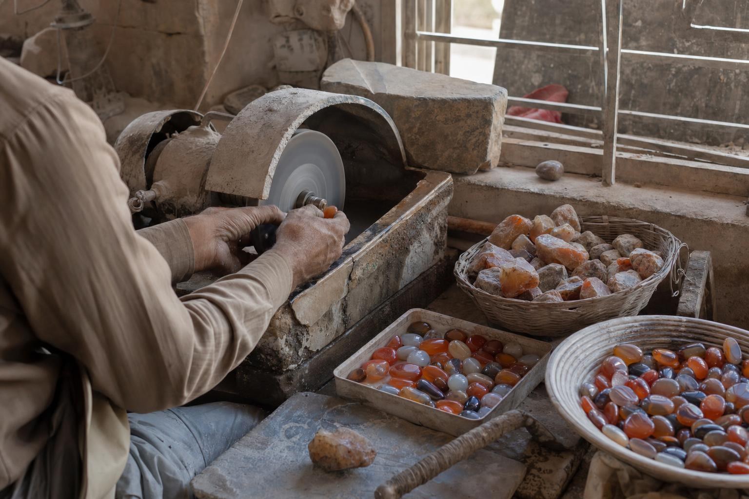 An artisan's hands shape a piece of orange carnelian against a grinding wheel, with baskets of rough stones beside him.