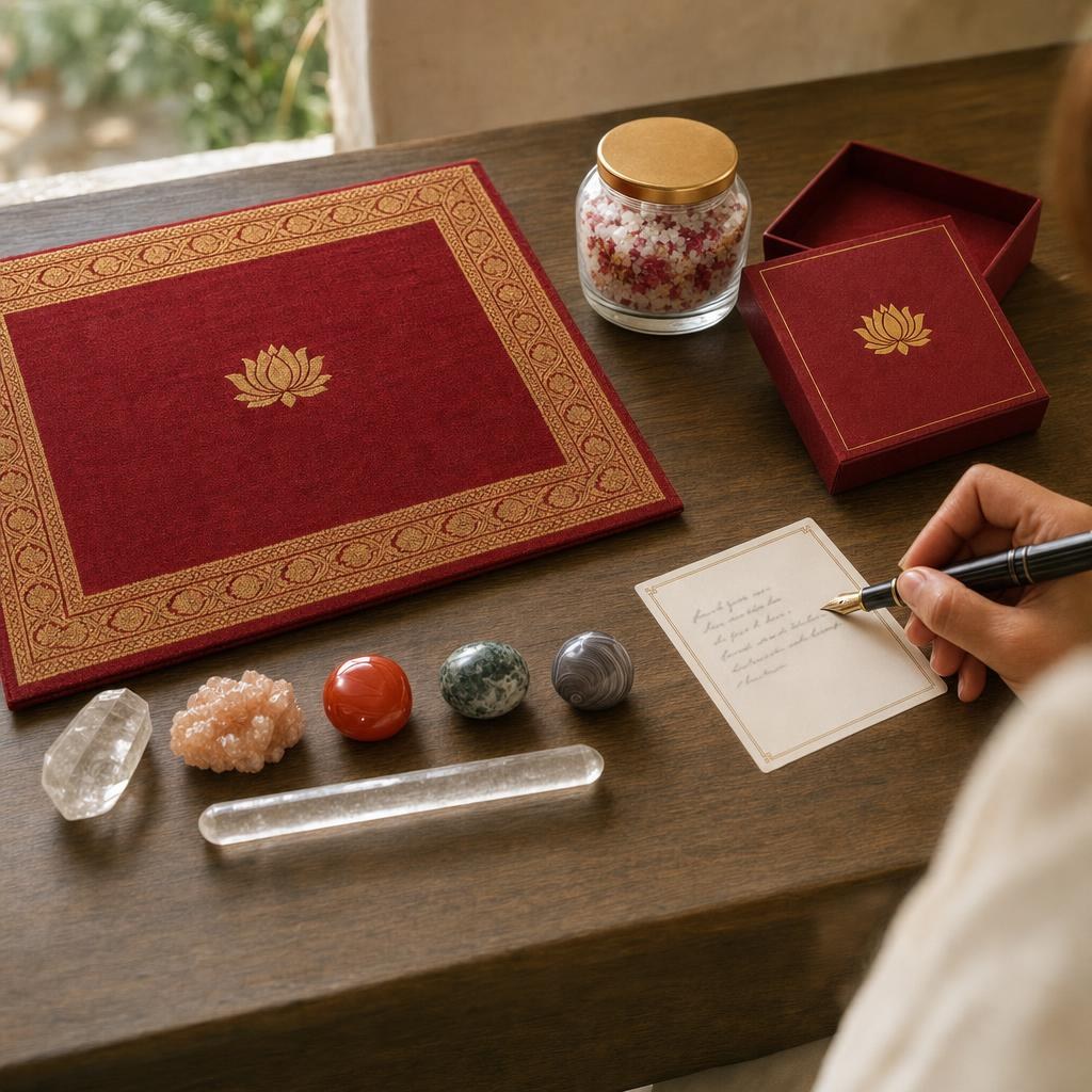 A printed origin record on cream card, laid on the red mat beside two crystals.