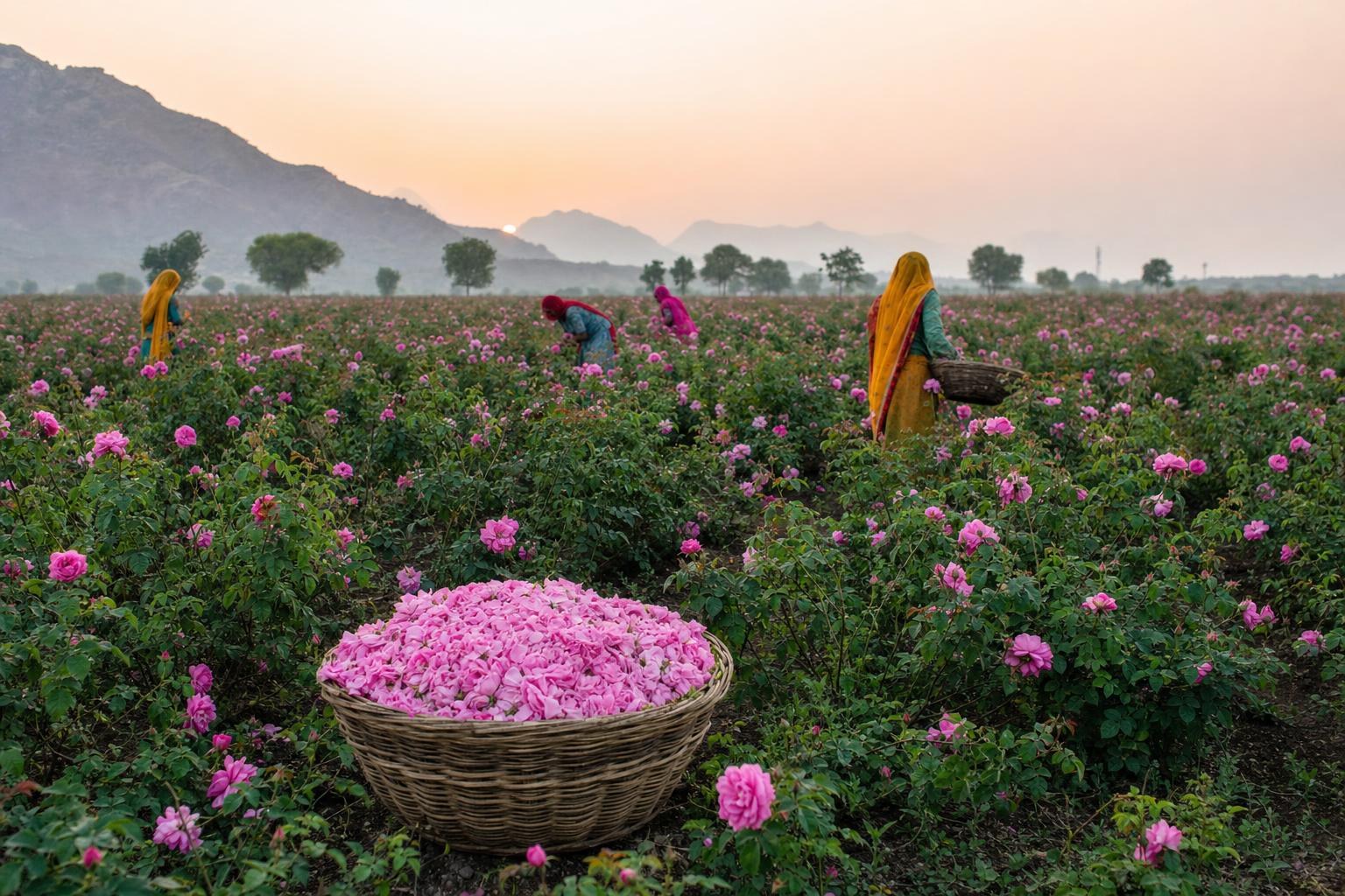 A field of pink roses at dawn, with pickers in bright saris in the distance and a full basket in front.
