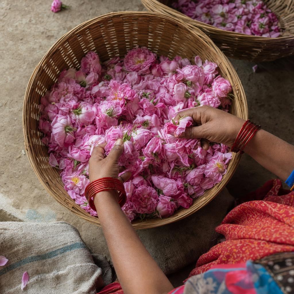 Hands sort fresh pink rose heads in a wide cane basket.