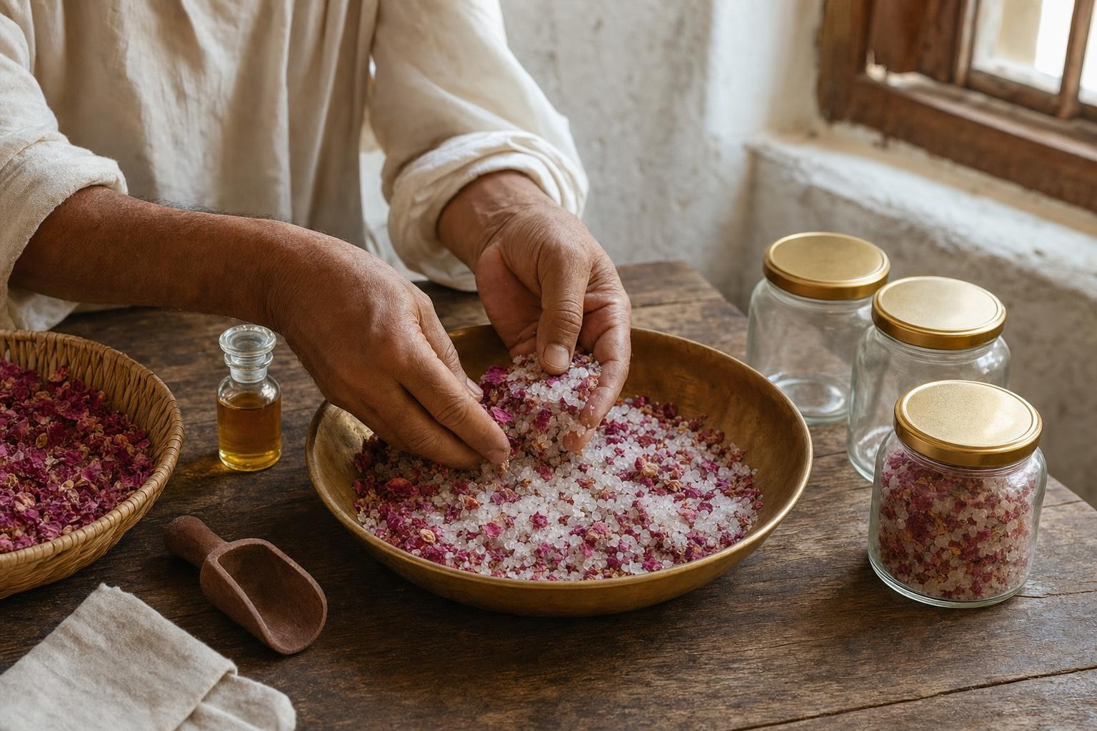 A maker's hands fold rose petals into salt in a brass bowl on a wooden table, beside jars and a basket of petals.