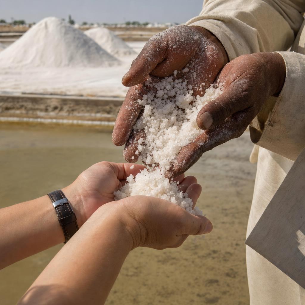 A salt worker pours coarse white salt into a visitor's cupped hands.