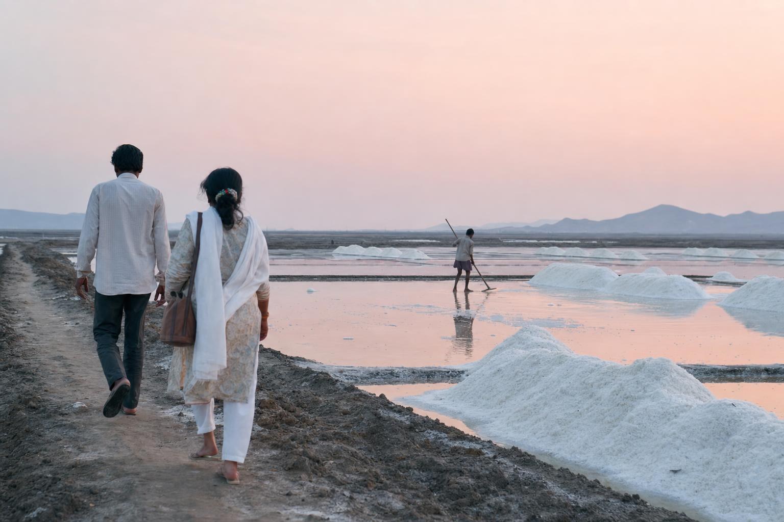 Two visitors walk beside salt pans at dawn towards a worker raking salt.