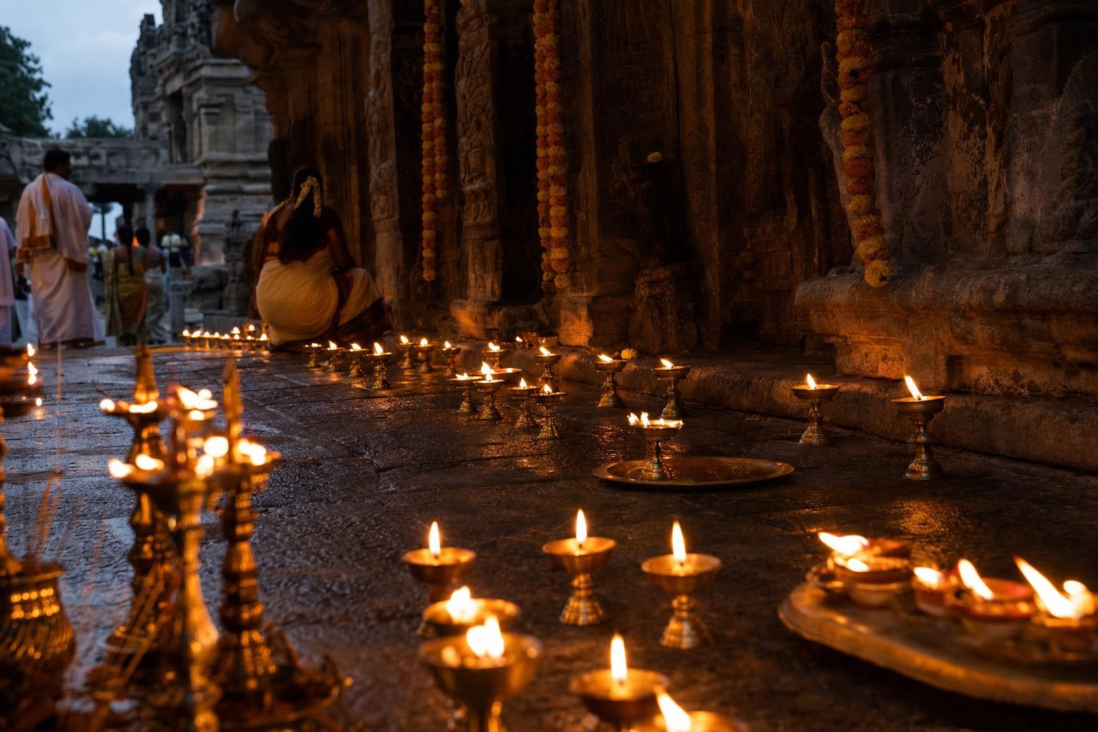 Rows of lit brass oil lamps on the stone floor of an old carved temple hall.