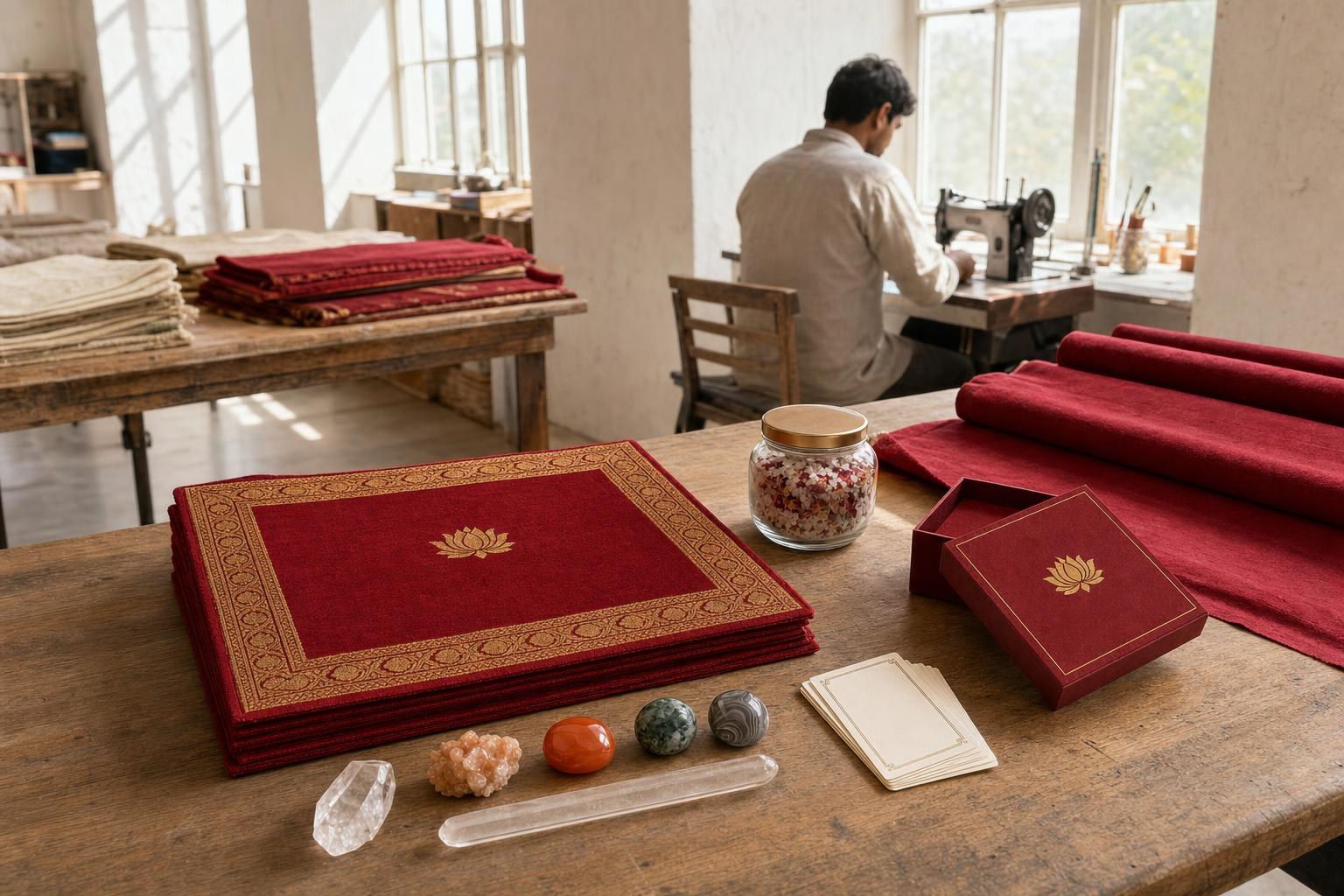 A sunlit whitewashed workshop with a stack of red and gold mats on a long table and a tailor at a sewing machine.